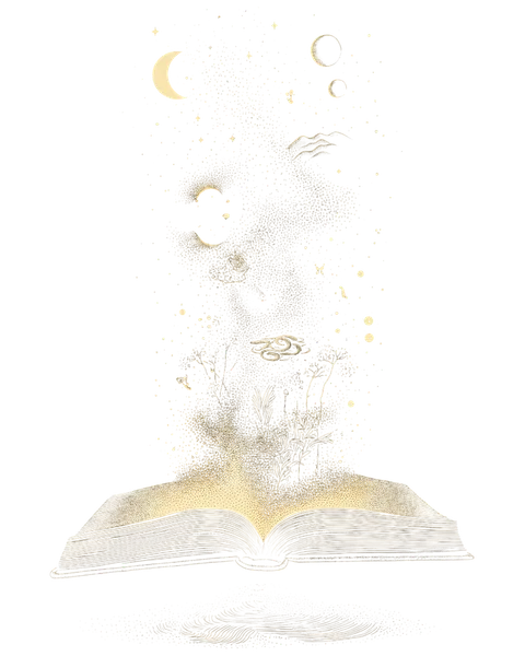 An open book releasing dream symbols into the night sky